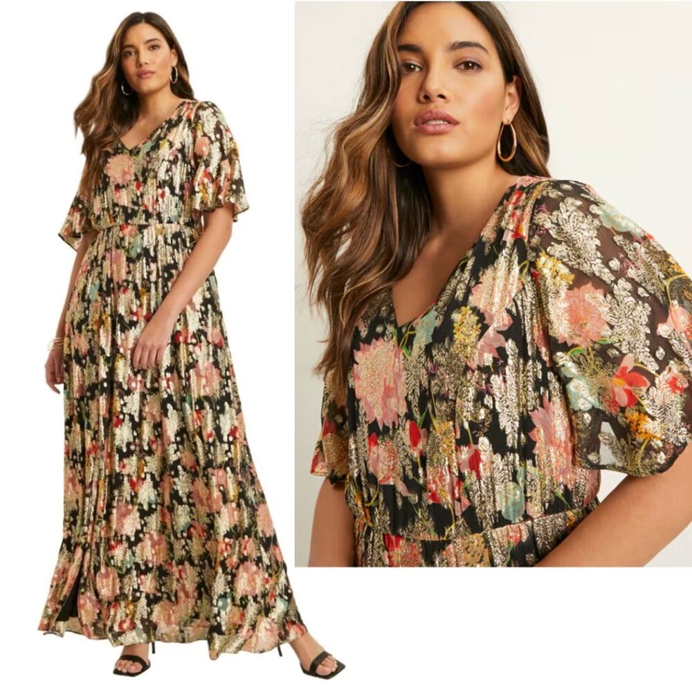 June+Vie 18/20 Metallic Floral Maxi Dress $369 Elegant Plus Formal Gown Gold 2XL